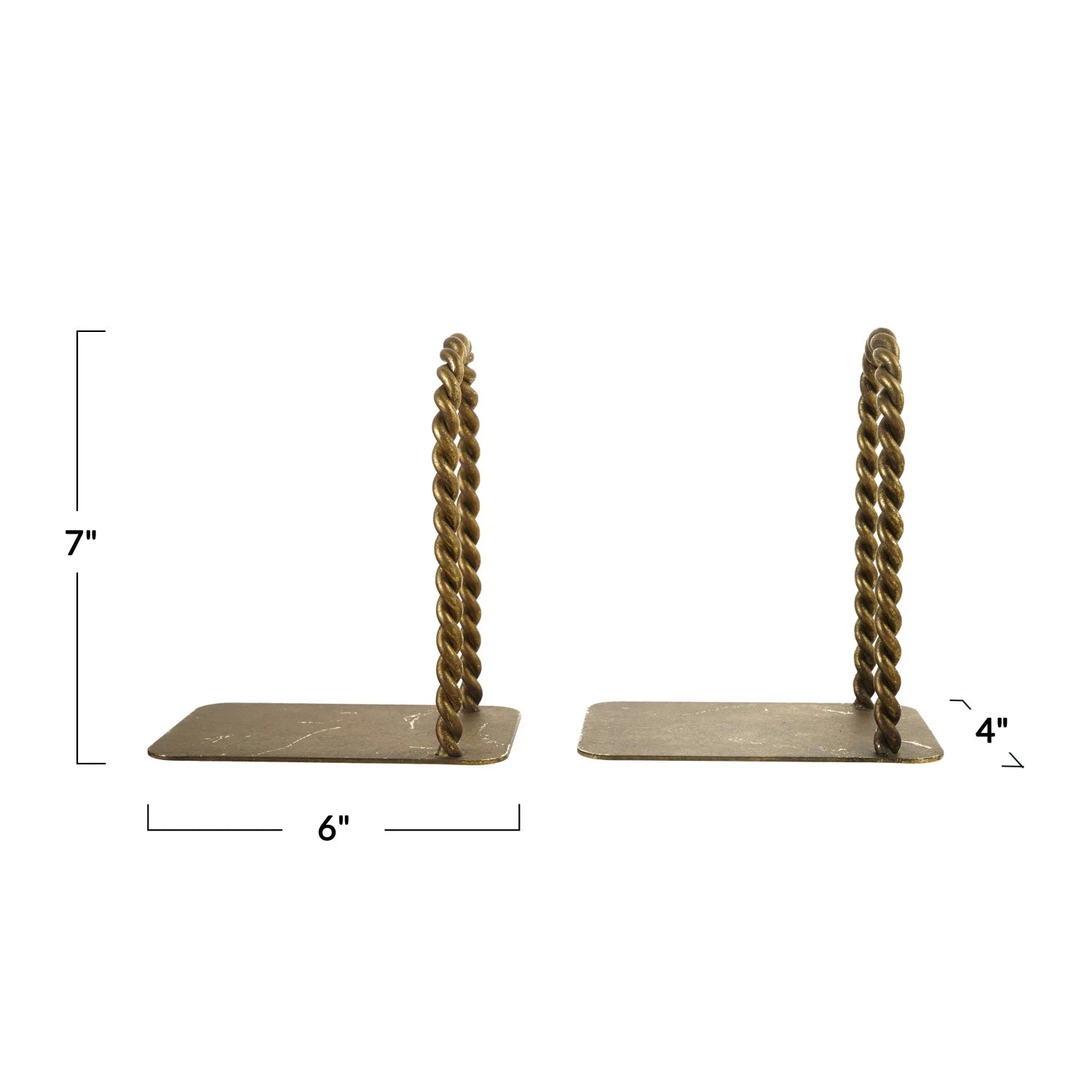 Two brass bookends with twisted rope handles and flat rectangular bookends, shown on a white background with dimension labels indicating 6 inches wide, 7 inches tall, and 4 inches deep.