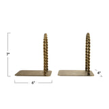 Two brass bookends with twisted rope handles and flat rectangular bookends, shown on a white background with dimension labels indicating 6 inches wide, 7 inches tall, and 4 inches deep.