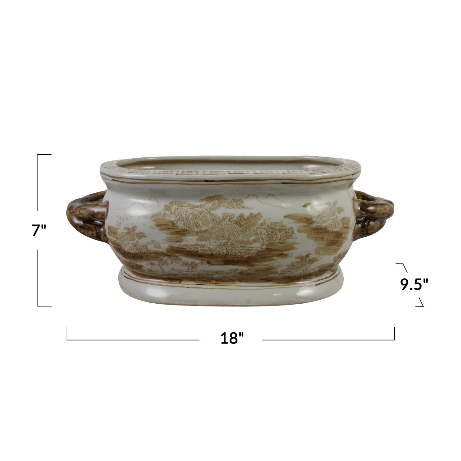 An oval ceramic planter with a brown and beige toile-style landscape pattern on a cream background, shown with dimension lines indicating 7 inches height, 18 inches width, and 9.5 inches depth.