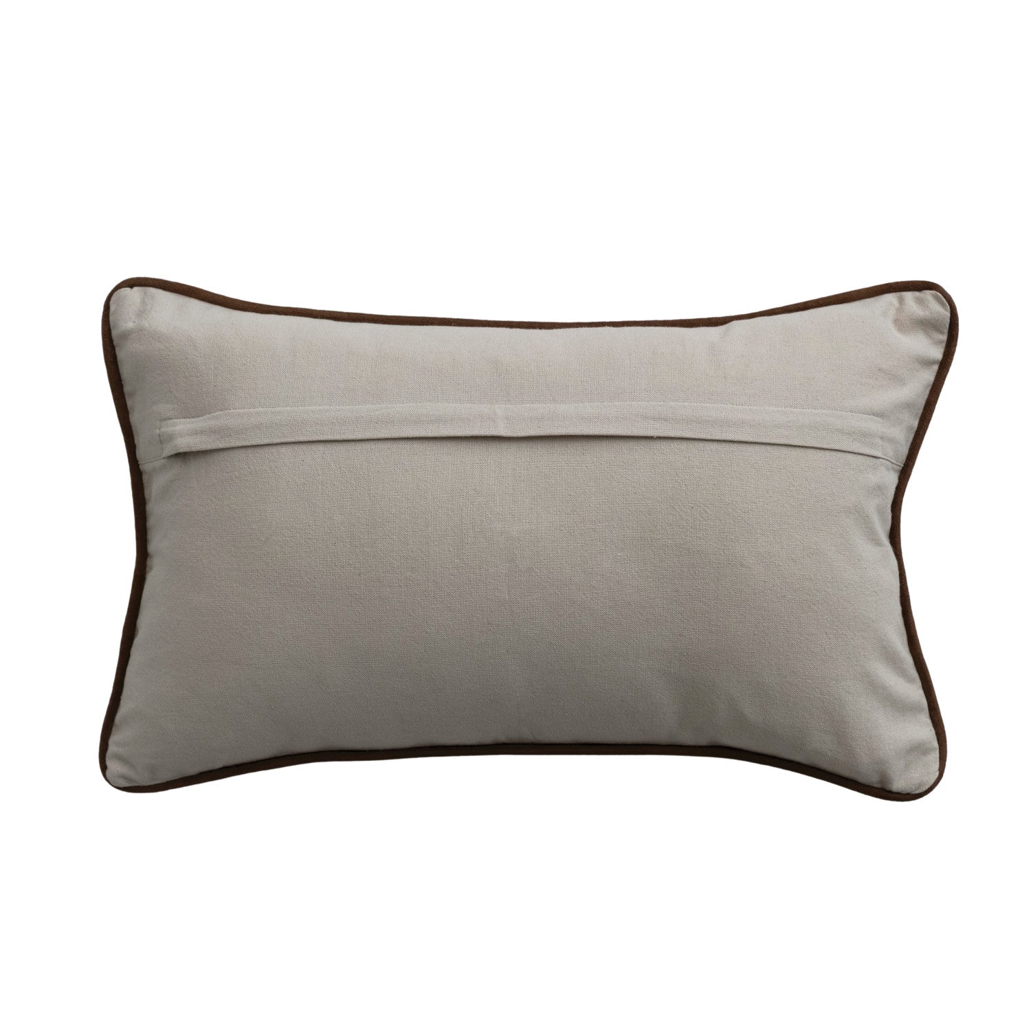 Gray pillow with brown trim on a white background
