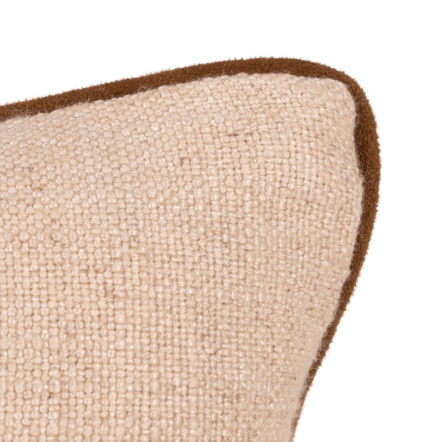 Close-up of a woven beige cushion with a contrasting brown piped edge on a white background.