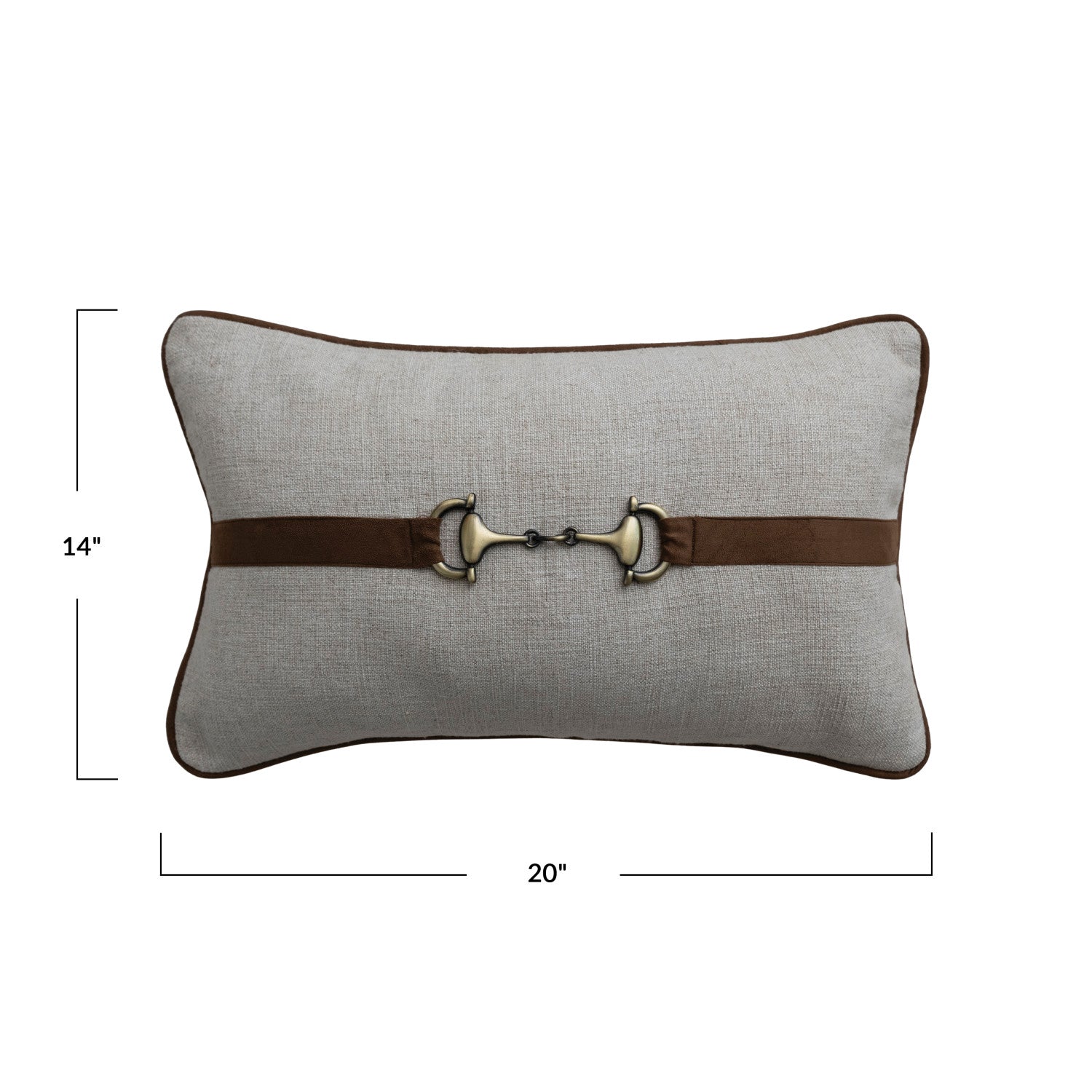 Gray pillow with a brown belt and brass buckle on a white background