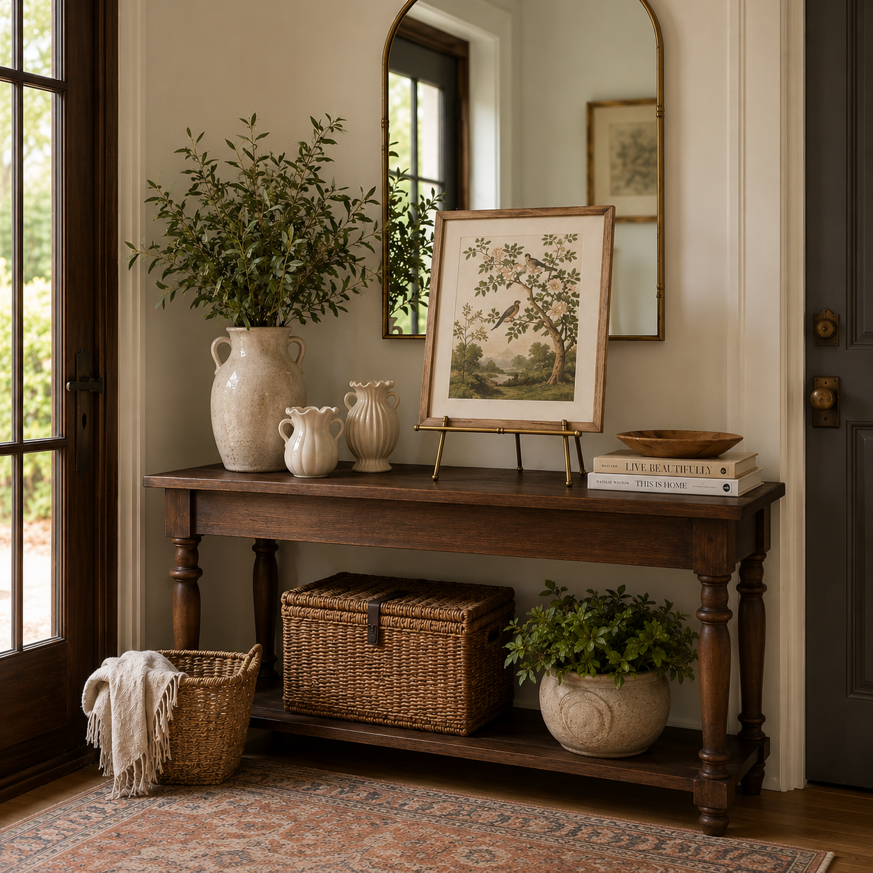 A styled entryway scene featuring a dark wood console table with decorative ceramic vases, a framed landscape print on an easel, stacked books, woven baskets, and potted plants. A large arched mirror hangs on the wall above the table, and a French door is visible on the left.
