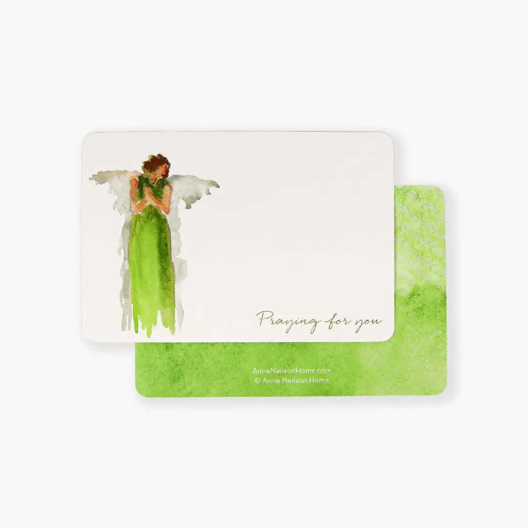 Card with an angel illustration and 'Praying for you' text on a green watercolor background