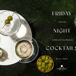 Cocktail glasses with olives on a dark surface, promoting 'Friday Night Cocktails' by A.J. Dean.