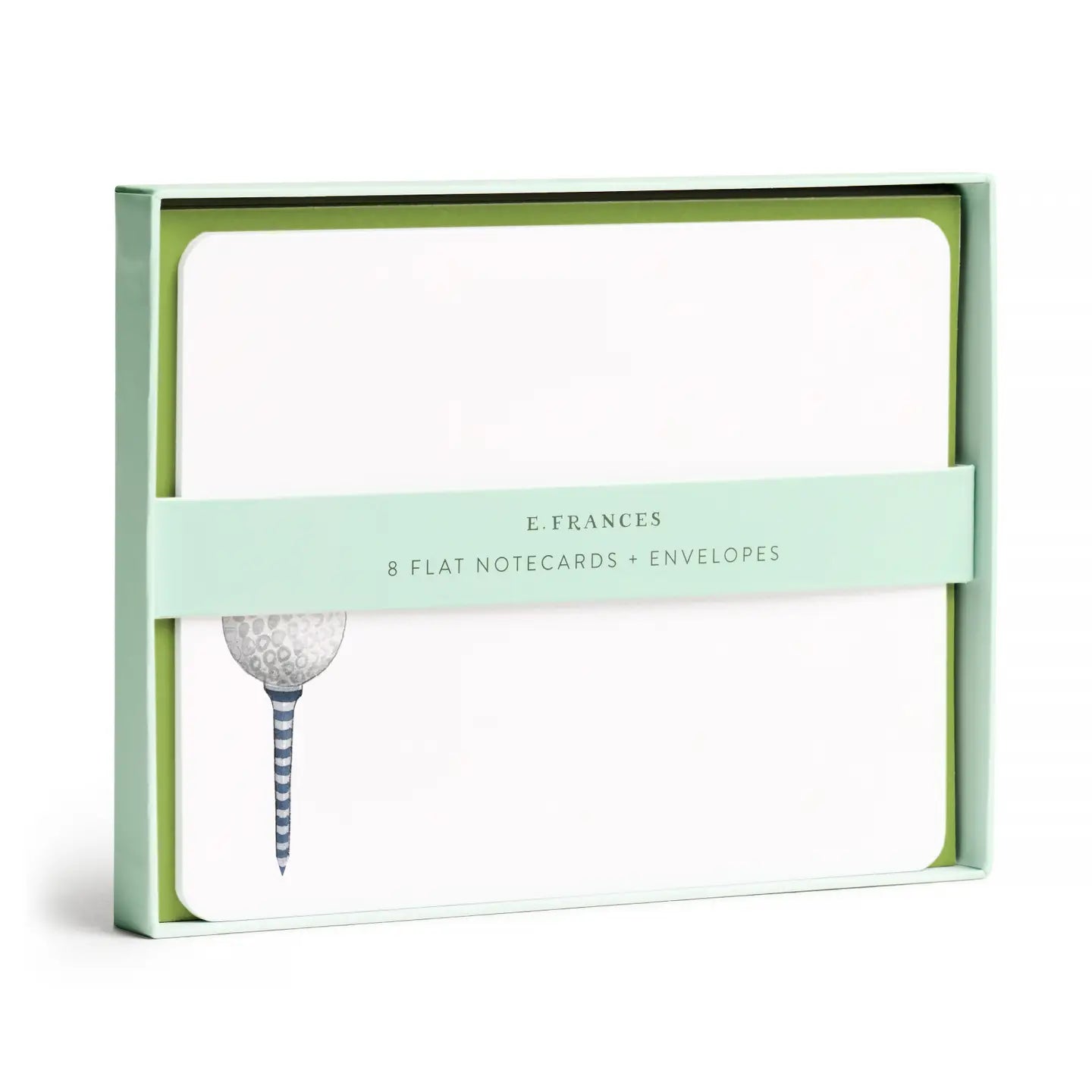 Packaging of E. Frances flat notecards with envelopes on a white background
