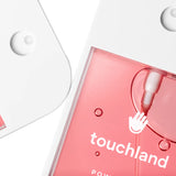 Pink skincare product with 'touchland' branding on a white background