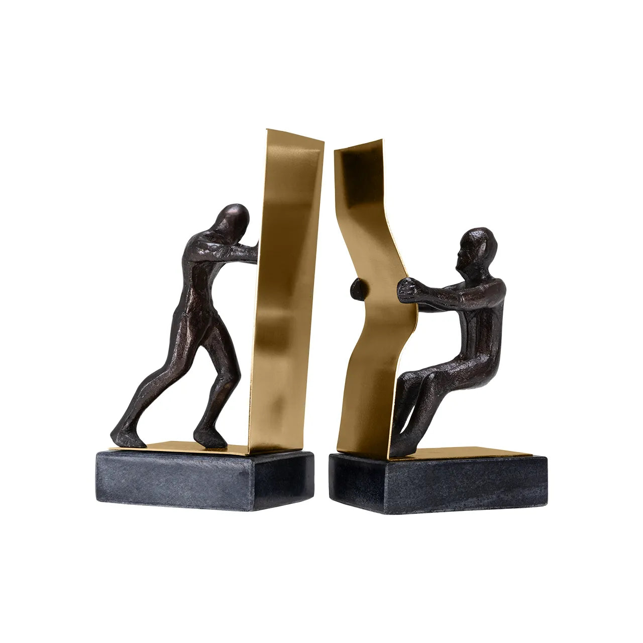 Rodari Bookends showing two figures pushing and pulling on white background