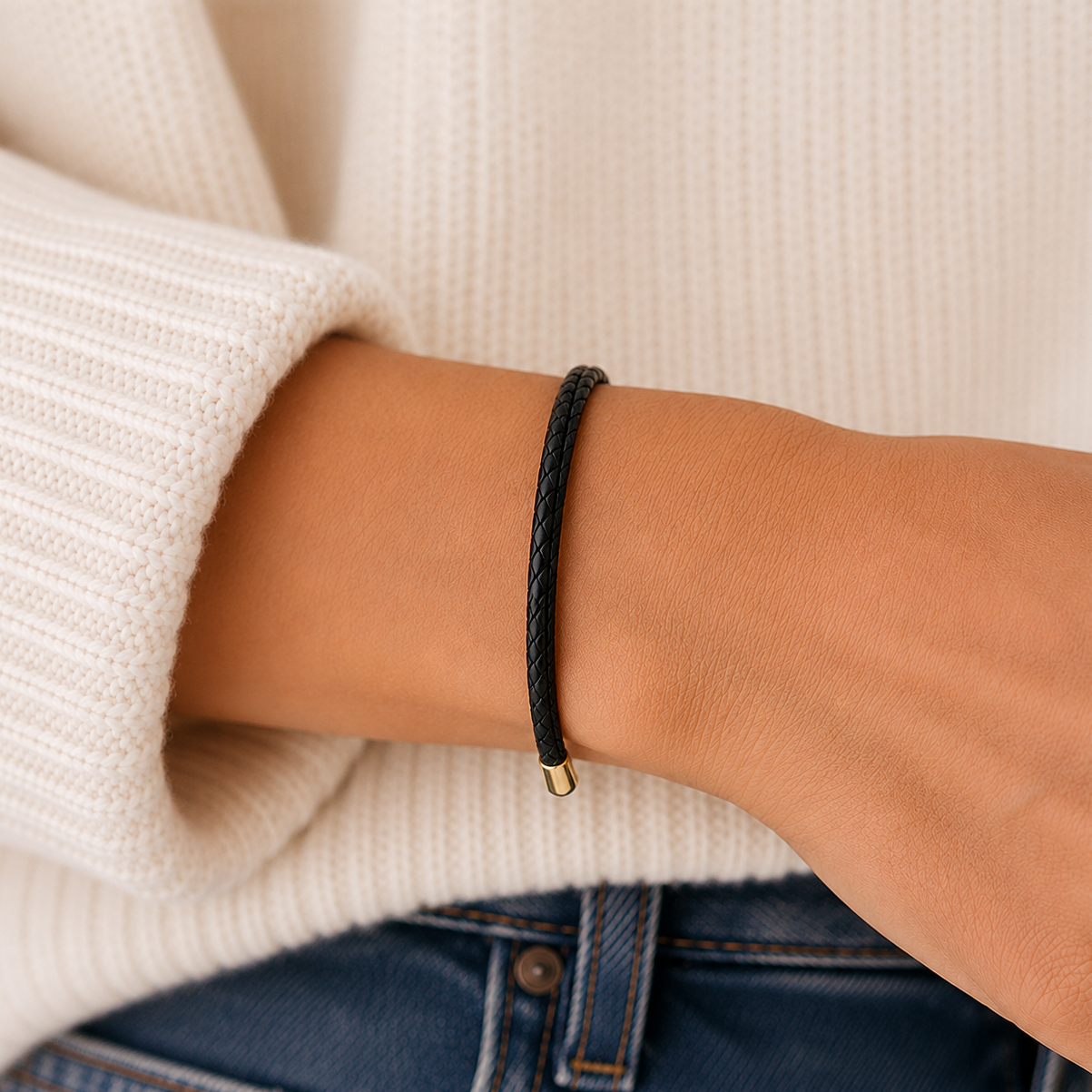 A close-up of a person's wrist wearing a black braided cord bracelet with a small gold-toned metal tip, styled with a cream ribbed knit sweater and blue jeans.