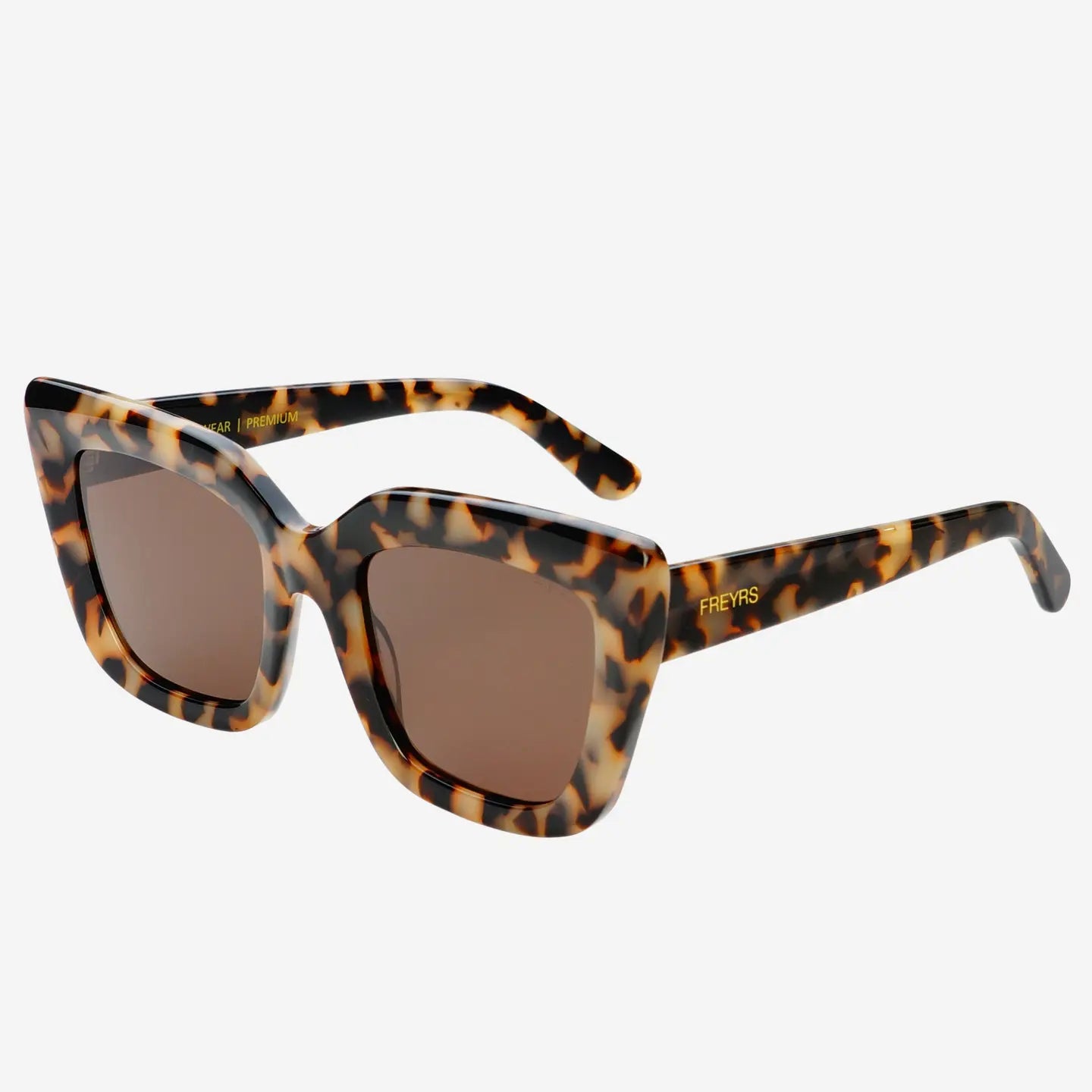 Sunglasses with tortoiseshell frame and brown lenses on a white background
