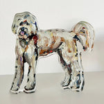 Doodle dog shelfie featuring painted artwork encased in a thick clear freestanding block on white background