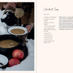 Person pouring a liquid into a bowl of soup in the snow, with a recipe on the right side.