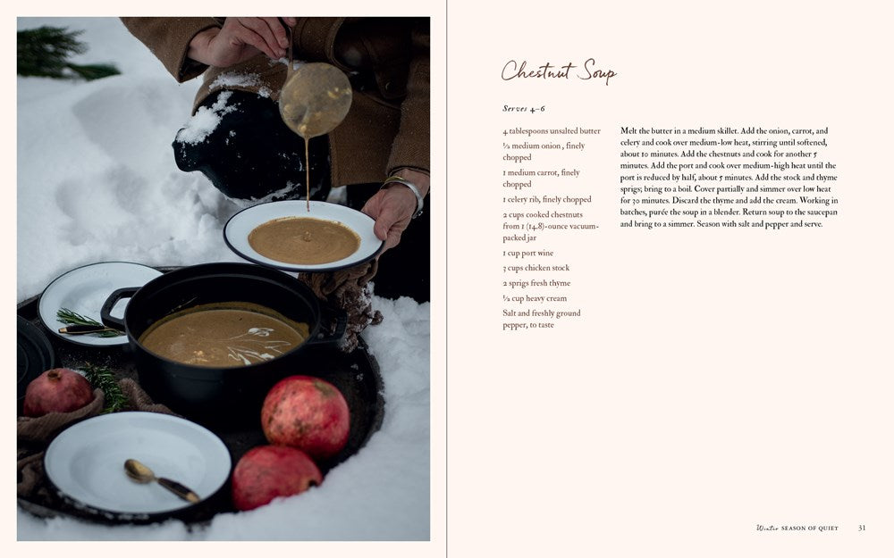 Person pouring a liquid into a bowl of soup in the snow, with a recipe on the right side.