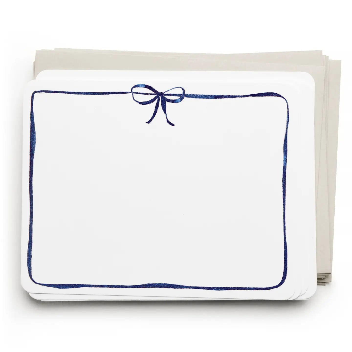 White card with blue border and bow on a white background