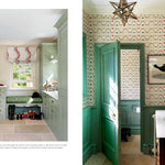 Two bathroom interior design images with green walls and patterned wallpaper.