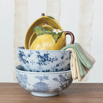 Hand-Stamped Stoneware Bowl w/ Birds & Botanicals, Blue & White