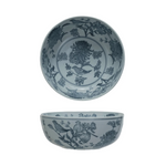 Hand-Stamped Stoneware Bowl w/ Birds & Botanicals, Blue & White