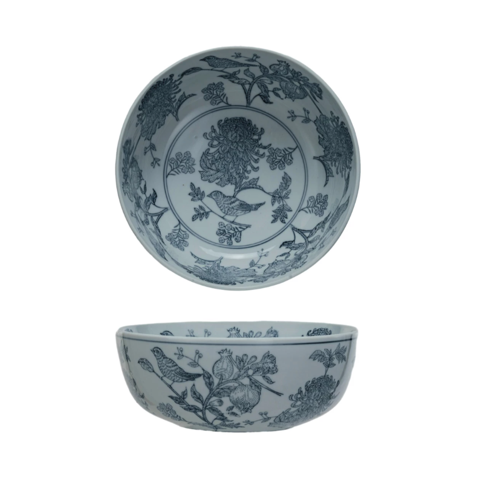 Hand-Stamped Stoneware Bowl w/ Birds & Botanicals, Blue & White