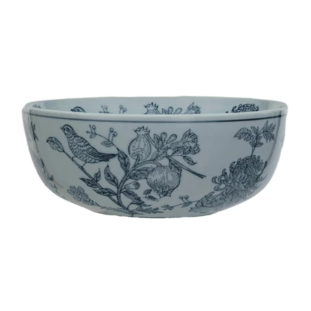 Hand-Stamped Stoneware Bowl w/ Birds & Botanicals, Blue & White