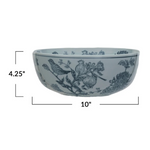 Hand-Stamped Stoneware Bowl w/ Birds & Botanicals, Blue & White