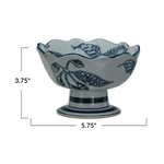 Hand-Stamped Stoneware Footed Bowl w/ Botanicals & Scalloped Edge