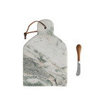 Marble Cheese/Cutting Board w/ Handle, Leather Tie & Stainless Steel/Mango Wood Canape Knife, Green Melange & Natural, Set of 2