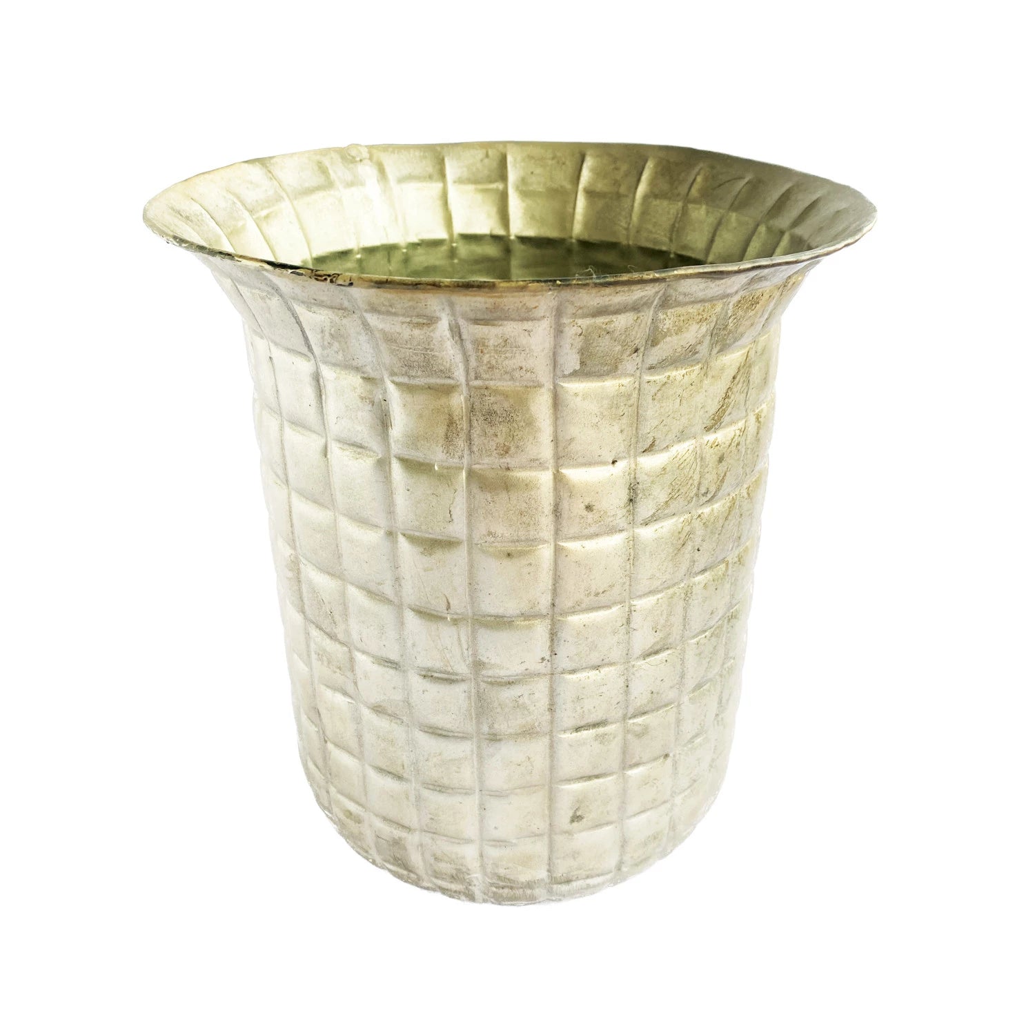 Debossed Metal Planter w/ Grid Pattern, Distressed Pewter Finish (Holds 7" Pot)