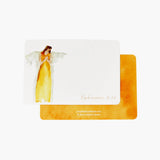 Card with angel illustration and orange border on white background