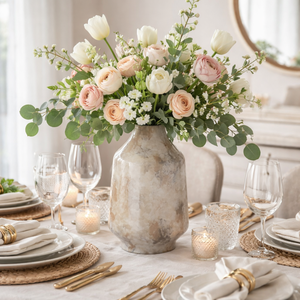 Decorative table setting with a vase of flowers on a white tablecloth.
