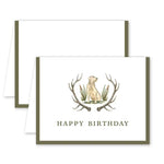 Birthday card with a dog and antlers design on a white background