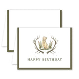 Birthday card with a dog and antlers design on a white background
