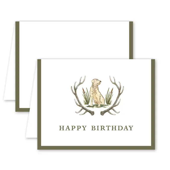 Birthday card with a dog and antlers design on a white background