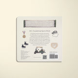 Back cover of a book with sports-themed illustrations and text on a beige background