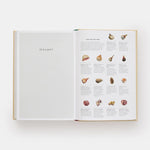Open book showing a glossary with illustrations of food items on a white background