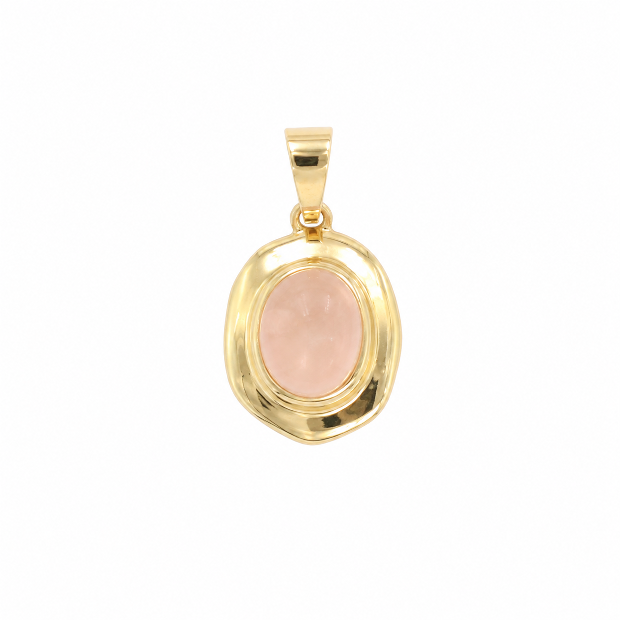 A gold pendant featuring an irregular, organic-shaped bezel set with a smooth, oval pink gemstone, shown against a plain white background.