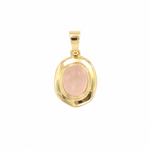 A gold pendant featuring an irregular, organic-shaped bezel set with a smooth, oval pink gemstone, shown against a plain white background.