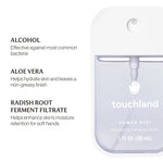 Touchland power mist hand sanitizer with ingredients listed on a white background