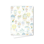 back view of a greeting card with hot air balloon pattern on a white background