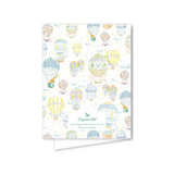 back view of a greeting card with hot air balloon pattern on a white background
