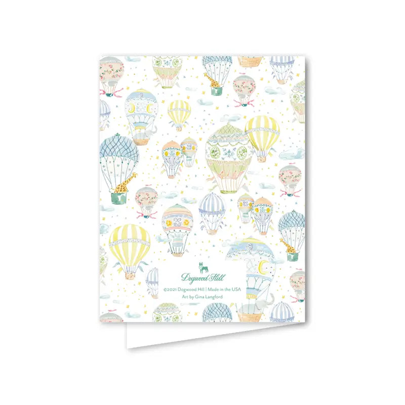 back view of a greeting card with hot air balloon pattern on a white background