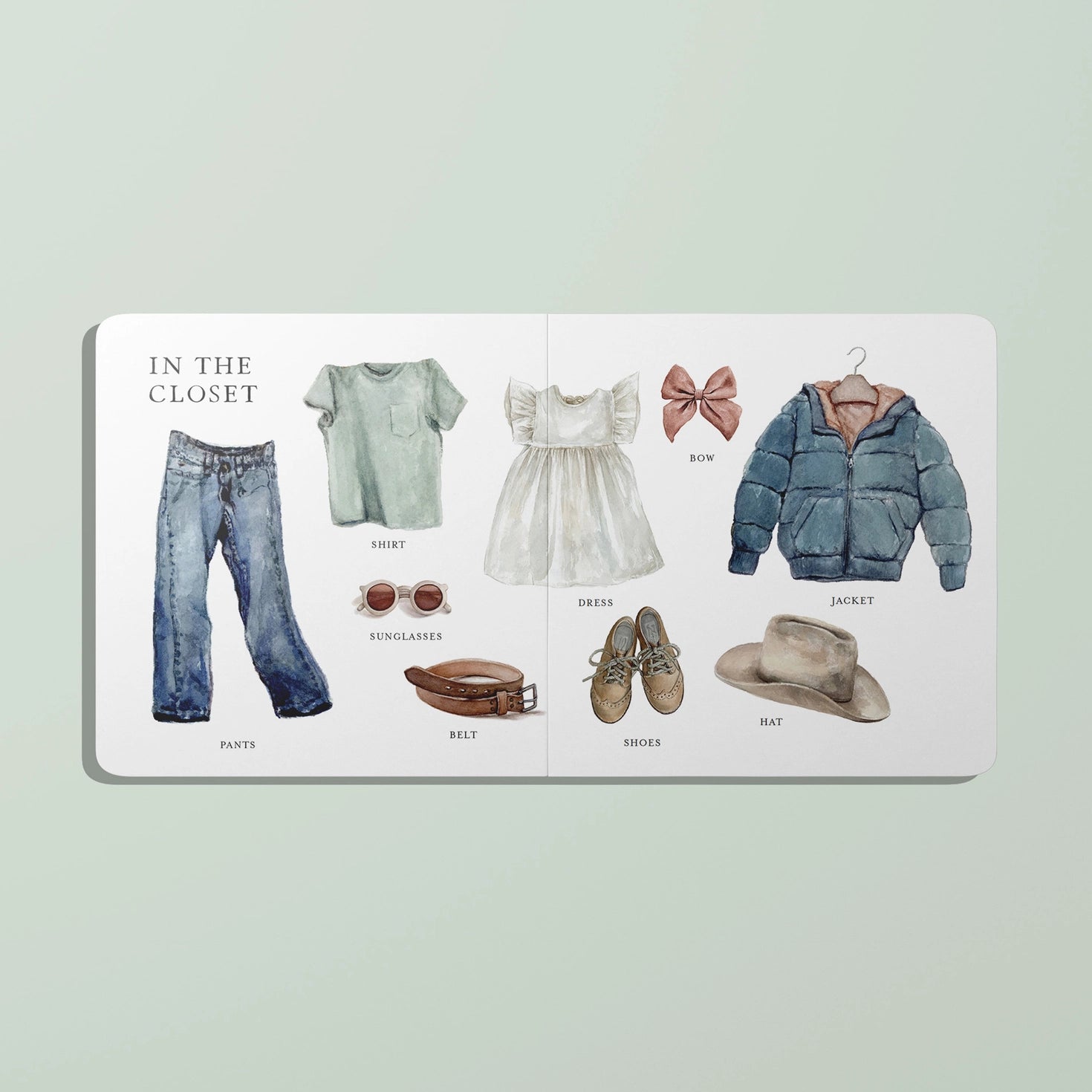 Illustrated children's book open to a page titled 'In the Closet' with clothing items on a light green background.