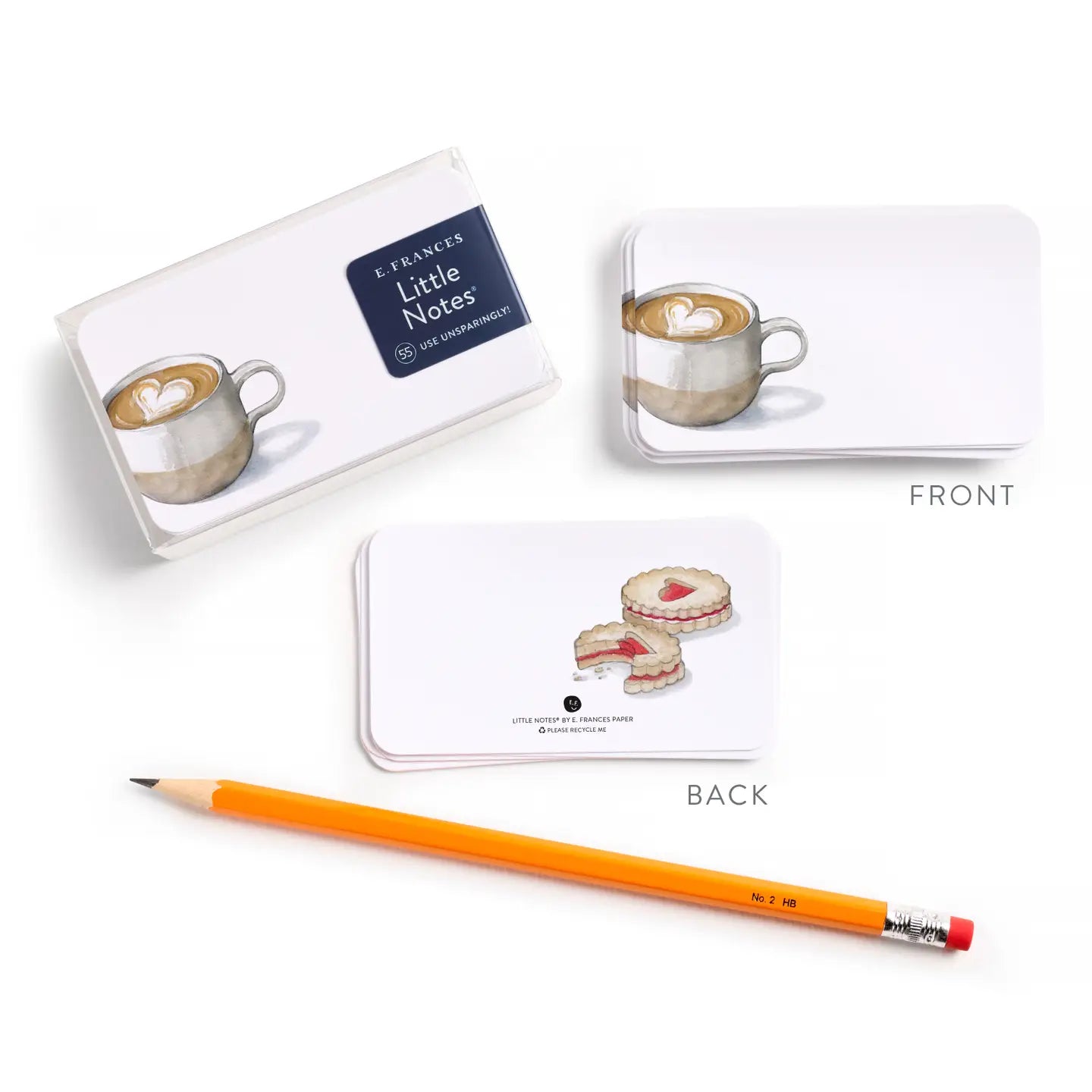 Note cards with coffee and cake illustrations and a pencil on a white background