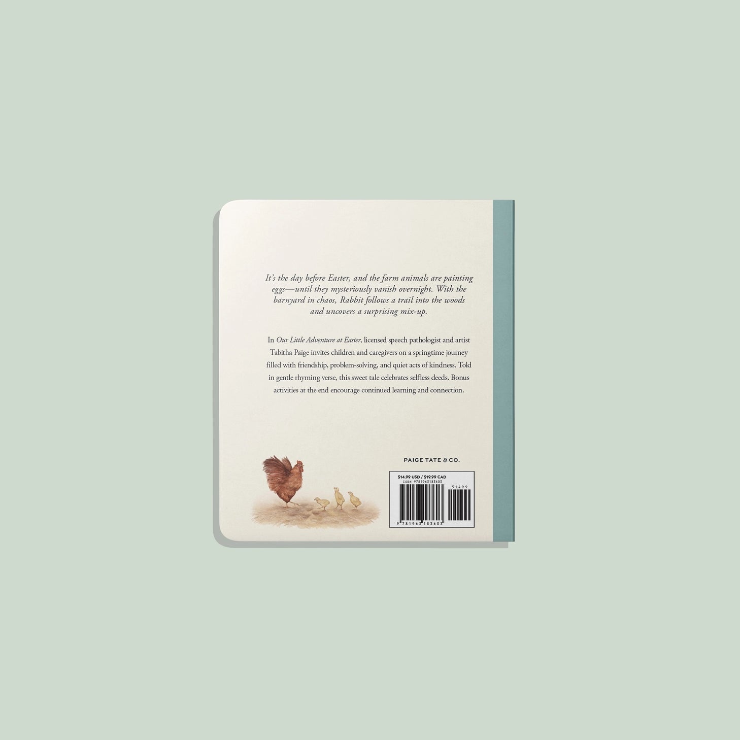 Back cover of a book with text and illustrations on a light green background