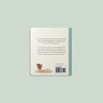 Back cover of a book with text and illustrations on a light green background