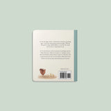Back cover of a book with text and illustrations on a light green background
