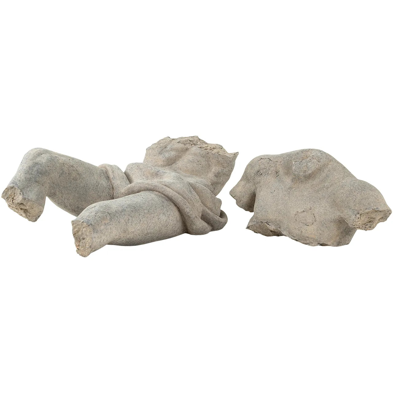 Soul in Stone Sculpture weathered gray torso sculpture in a reclining position on white background