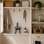 Nautical-themed bathroom with sink, towel, and decor