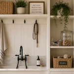 Nautical-themed bathroom with black faucet, towels, and decor.