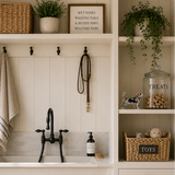 Nautical-themed bathroom with black faucet, towels, and decor.