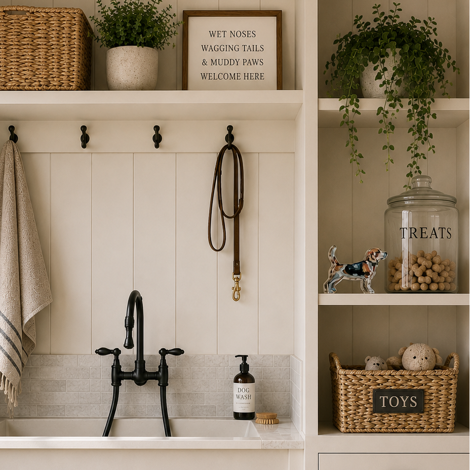 Nautical-themed bathroom with black faucet, towels, and decor.